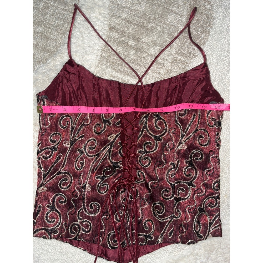 Vintage y2k Burgundy Metallic Jacquard Lace Up Corset Halter Top Wine Red - Picture 4 of 5